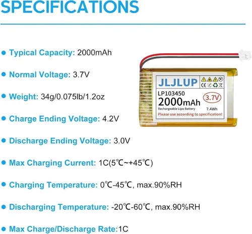 Miniatura 2 de Paquete de 2 baterías Lipo de 3.7 V 2000 mAh recargables de polímero de litio con conector PH de 0.079 in Circuito de protección integrado