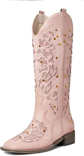 Miniatura 2 de mikarka Botas vaqueras para mujer, con tachuelas bordadas, botas vaqueras de media pantorrilla, botas occidentales de meter, punta cuadrada, tacón
