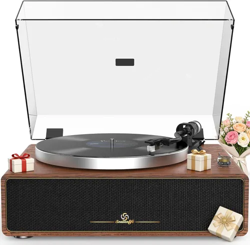 Tocadiscos con altavoces integrados, reproductor de discos de vinilo compatible con reproducción Bluetooth, parada automática de 33 y 45 rpm, salida
