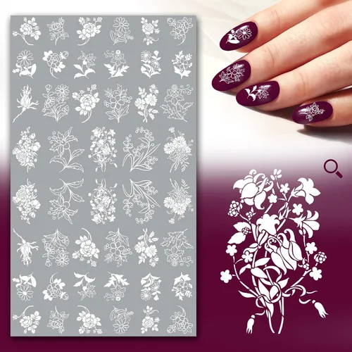 FLONZNAIL - Calcomanías para uñas (5 hojas), diseño de flores blancas simplistas y hojas, decoración de uñas, calcomanías de estilo vintage