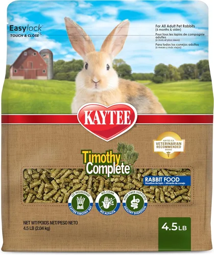 Kaytee Timothy - Alimento completo para conejos, fabricado con heno Timothy, alto en fibra, apoya la salud dental y la digestión, 4.5 libras