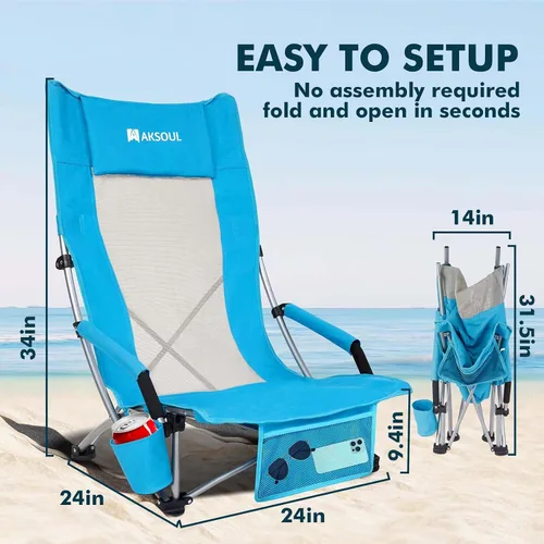 Miniatura 2 de AKSOUL Silla de playa plegable para adultos: sillas de respaldo bajo/alto con bolsa de transporte - Silla de asiento extra ancha con cómoda almohada