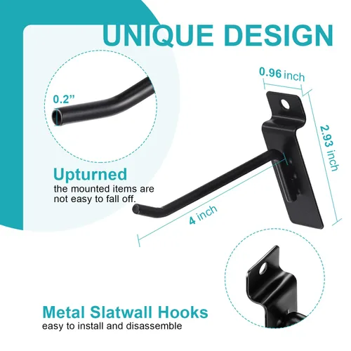 Miniatura 3 de HJW Ganchos Slatwall 50 piezas de 4 pulgadas negro Slatwall accesorios garaje tienda venta al por menor resistente tablero de clavijas rejilla