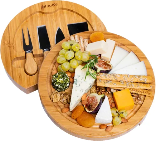 Miniatura 11 de Juego de tabla de queso de bambú y cuchillos, tabla redonda de charcutería de 14 pulgadas, bandeja para servir, plato, juego de tablas de queso