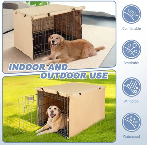 Miniatura 5 de Funda para jaula de perro, funda impermeable de doble puerta, funda protectora de poliéster 600D duradera para jaula de perro de 24/30/36/42/48 Beige