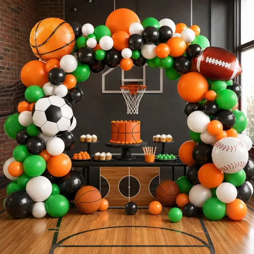 Miniatura 6 de Guirnalda de arco de globos deportivos, kit de guirnalda de globos con tema de bolas, globos blancos, verdes, negros y naranjas, globos de aluminio
