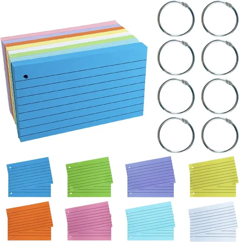 Miniatura 8 de TFLFL Tarjetas de índice de 4 x 6 pulgadas, 600 tarjetas flash con anillos, 8 colores, tarjetas de índice rayadas, tarjetas flash rayadas