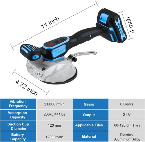 Miniatura 7 de Herramienta de instalación de máquina de vibración de azulejos, ventosa YSJWAER para nivelar vibrador de mano de 6 velocidades 21V 12000mAh