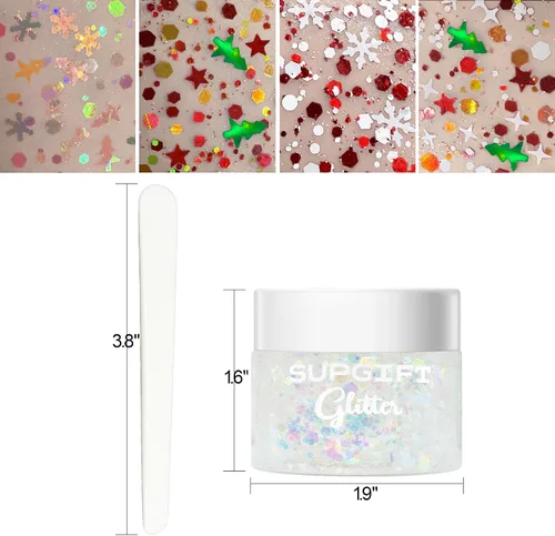 Miniatura 3 de Gel con purpurina para el cuerpo navideño, 4 colores, 8.5 onzas, holográfico, grueso, sirena, iridiscente, láser, estrella, flor y hojas