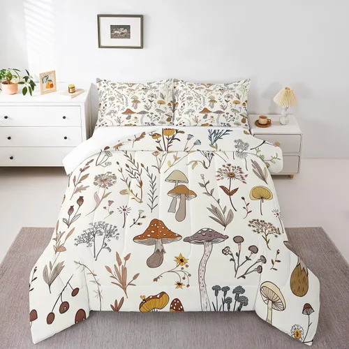 Miniatura 12 de Feelyou Lindo juego de ropa de cama de hongos kawaii tamaño individual para niños y niñas, decoración de hongos salvajes, juego de edredón