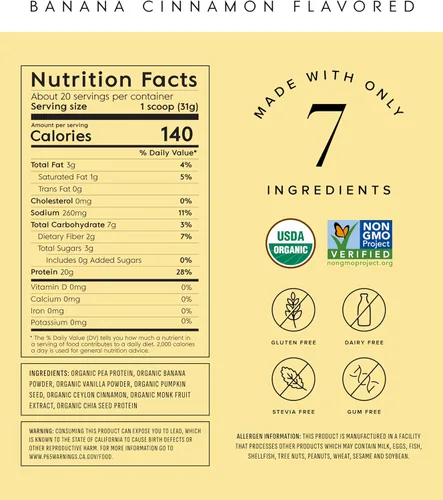 Miniatura 2 de Truvani Proteína en polvo de guisante vegana Banana Canela 20g de proteína vegetal orgánica 20 porciones Keto Sin gluten ni lácteos Bajo