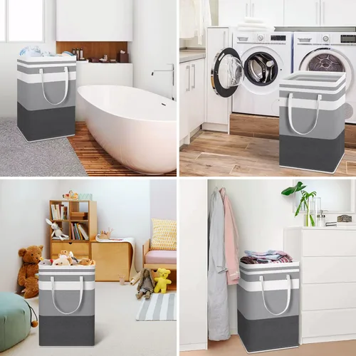Miniatura 6 de HomeHacks Cesta grande de lavandería, canasta de lavandería impermeable, cesta de ropa independiente, cesta alta plegable con asas extendidas