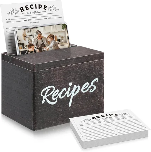 Miniatura 7 de Hoteam Caja de Recetas de Madera con Tarjetas, Soporte para Tarjetas de Recetas de Madera Rústica con 50 Piezas, Juego de Tarjetas de 5 x 7, Caja