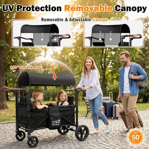 Miniatura 5 de Cochecito para 2 niños, cochecito todo terreno con extensor extralargo, vagón plegable de aluminio con asientos convertibles, toldo extraíble