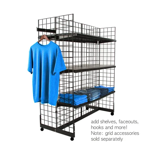 Miniatura 2 de Only Hangers Panel de exhibición de rejilla Gridwall con base de góndola - Unidad de góndola de rejilla negra con ruedas