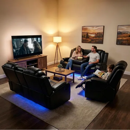 Miniatura 8 de Juego de sofá reclinable de cuero eléctrico con LED, juego de sala de estar de cuero, juego de sofá reclinable con puerto USB/soporte