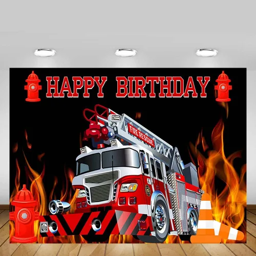 Miniatura 5 de MEHOFOND Telón de fondo de cumpleaños para camión de bomberos de 7 x 5 pies, decoración de fiesta de cumpleaños, accesorios para cabina de fotos