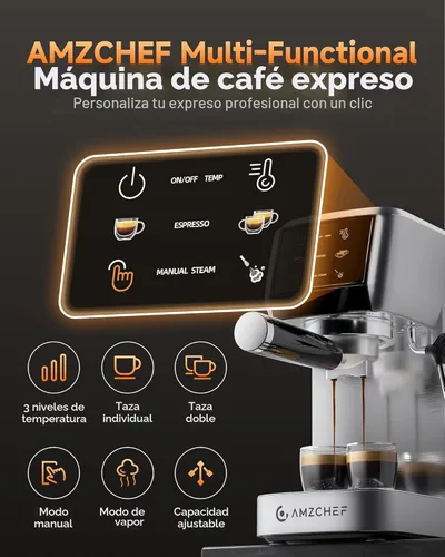 Miniatura 2 de AMZCHEF Cafetera de café espresso de 51 mm 20 bares – Cafetera profesional con espumador de leche, cafetera de espresso compacta de acero inoxidable
