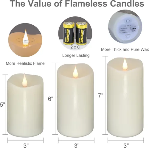 Miniatura 2 de Paquete de 3 velas parpadeantes sin llama que funcionan con pilas con temporizador, llama móvil 3D que dura más de 1000 horas, vela eléctrica LED