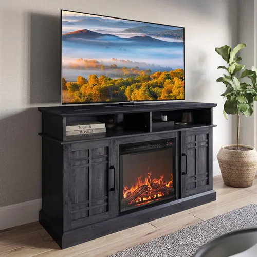 Miniatura 8 de BELLEZE Mueble TV, 48 pulgadas, con chimenea eléctrica funcional de 18 pulgadas, moderno, para TV de máx. 50 pulgadas, estantes abiertos y armarios