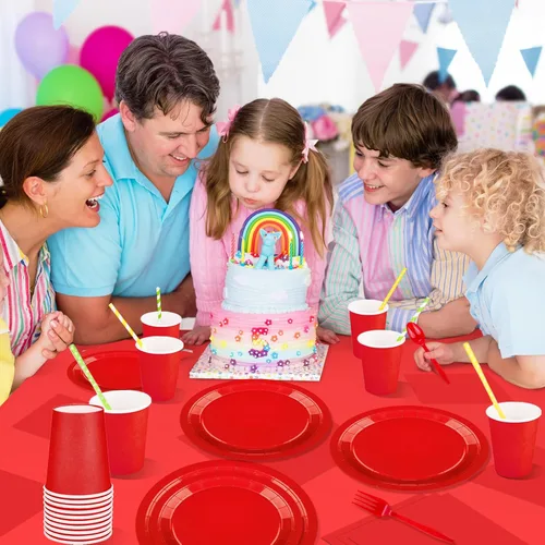 Miniatura 5 de Juego de 229 piezas de suministros rojos para fiestas, platos desechables de papel, vasos, cucharas de plástico, tenedores, cuchillos, servilletas