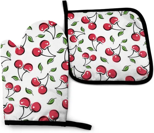 Juego de 2 guantes de horno y soportes para ollas de cereza roja, resistentes al calor, con superficie antideslizante para una barbacoa segura,