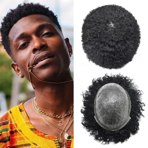 Miniatura 7 de Cabello afro rizado para hombre maravillas de cabello humano afroamericano de repuesto para hombres negros, piel de polietileno completa, sistema