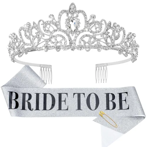 Miniatura 12 de Kit de corona de novia y corona de novia, decoraciones de CIEHER para despedida de soltera, oro rosa, corona de princesa para mujeres y niñas