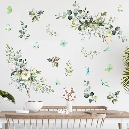 Miniatura 8 de Vinilo botánico de hojas verdes, calcomanías de vinilo para despegar y pegar, enredaderas rústicas colgantes, mural, mariposas, flores, calcomanías