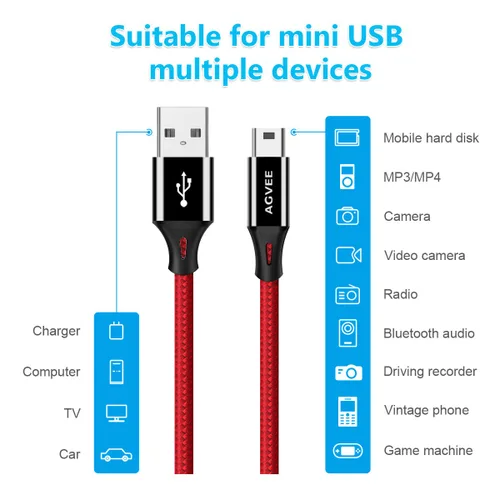 Miniatura 5 de AGVEE Paquete de 2 cables de carga Gpsmap de repuesto para Garmin Nuvi GPS, cable de carga Gpsmap, TI-84 Plus/CE/C plateado, micrófono USB Yeti Rojo