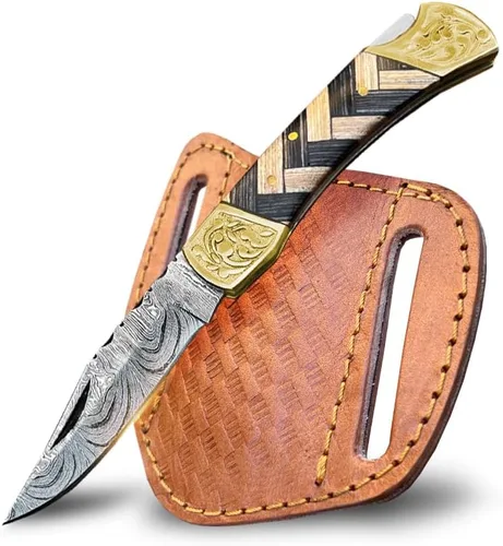 Cuchillo de bolsillo de Damasco hecho a mano con funda, cuchillo de caza plegable de 7" con mango de madera, pequeño cuchillo de camping para