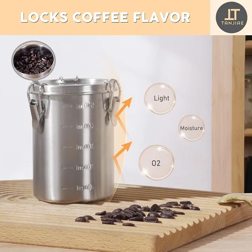 Miniatura 4 de Tanjiae Recipiente de café de acero inoxidable 100% hermético de metal con tapa sellada, mantiene los granos de café, azúcar y té frescos durante