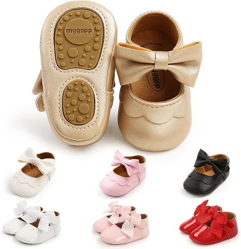 Miniatura 8 de QWZban Zapatos planos Mary Jane con Bownot antideslizante suela suave de piel sintética para recién nacidos, bebés, primeros caminantes