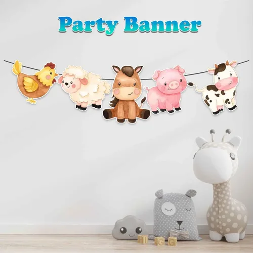 Miniatura 4 de Cartel de cumpleaños de animales de granja – Decoración de fiesta de granero con vaca, cerdo, caballo, oveja y pollo para cumpleaños de niños