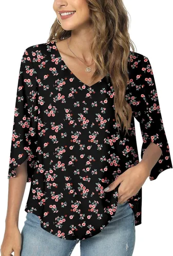 Miniatura 2 de TAOHUADAO Womens 2023 Casual V-Neck Loose Tunic Top for leggings 34 Sleeve Chiffon Blouse Shirt Red Flower Black Tops