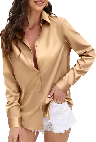 Miniatura 21 de CUNLIN Camisas de satén de seda suave con botones de leopardo para mujer, camisa de trabajo de manga larga de seda, blusas de vestir, tops