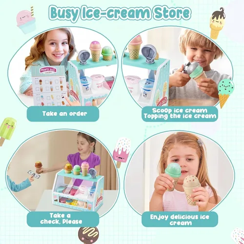 Miniatura 2 de WHOHOLL Juego de simulación de helado de madera para niñas, juguete de tienda de juego con alimentos de juguete y accesorios de cocina de simulación