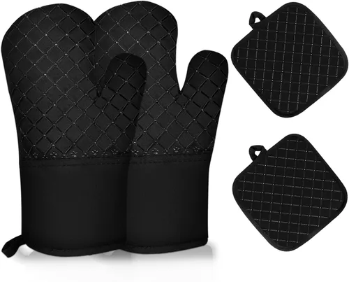 Juego de 4 manoplas de horno y soportes para ollas de 500°F, soportes para ollas de cocina resistentes al calor, guantes de horno antideslizantes