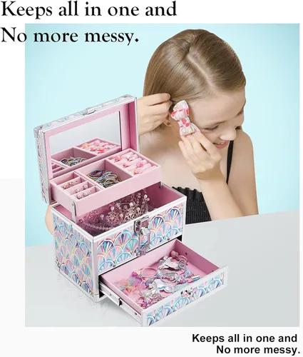 Miniatura 2 de Hododou Joyero organizador para niñas con cajón y espejo, estilo cola de sirena, estuche de almacenamiento con cerradura para niños o niñas