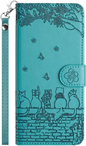 IVY Funda tipo cartera A54 con diseño de gato curioso con función atril, correa de hombro con cordón, piel sintética, para dispositivos Samsung Azul