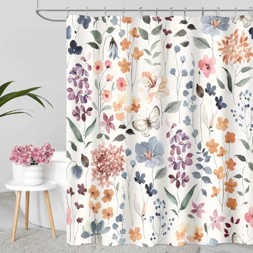 Miniatura 9 de MAYZUS Cortina de ducha con flores azules acuáticas, lindas cortinas de tela con flores para baño, juego de cortinas de tela de aguamarina