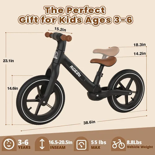 Miniatura 6 de Ridego Bicicleta de equilibrio de 14 pulgadas para niños de 3 a 6 años, bicicleta ligera para niños pequeños con neumáticos de goma de aire, asiento