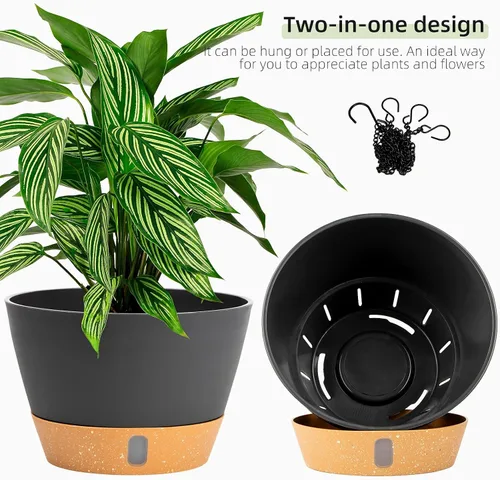Miniatura 6 de QCQHDU Paquete de 2 macetas colgantes de 10 pulgadas para plantas de interior y exterior, cestas colgantes macetas de flores con bandeja de depósito