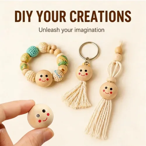 Miniatura 5 de 40 cuentas de madera redondas de madera con cara sonriente, cuentas de madera impresas espaciadoras para manualidades, manualidades, joyería