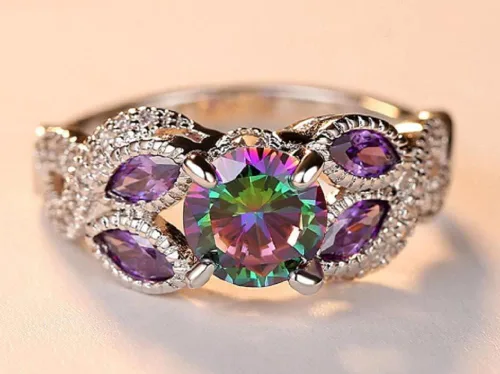 Miniatura 2 de Awmnjtmgpw - Anillo de compromiso de plata de ley 925 con topacio arcoíris para mujer, anillo de diamantes de corte princesa, anillo de diamantes