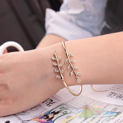 Miniatura 8 de Pulseras de pulsera para mujer diseño de hoja con incrustaciones de diamantes de imitación de moda