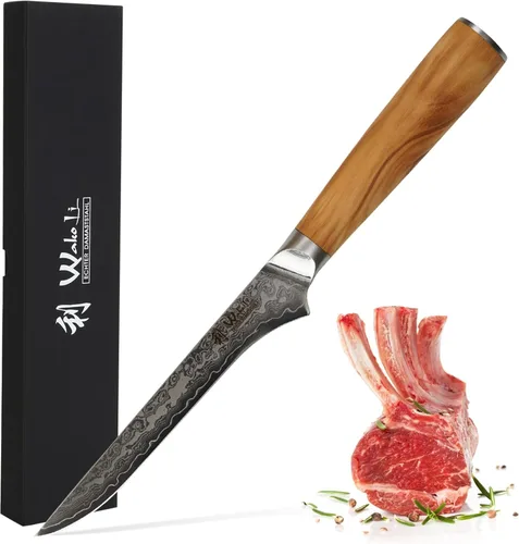 Wakoli Oribu Cuchillo de deshuesado de Damasco – Cuchillo de cocina de espiga completa con hoja de 5.5 pulgadas hecho de acero de Damasco genuino de