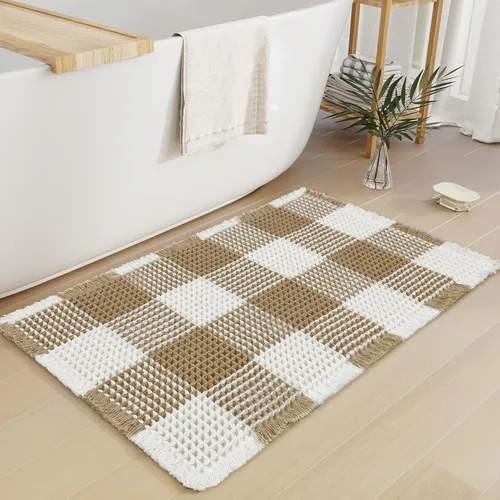 Arenarug Tapete de baño de punto gofre a cuadros, súper absorbente, bohemio, antideslizante, lavable, ultra suave, con borlas, para suelo de baño,