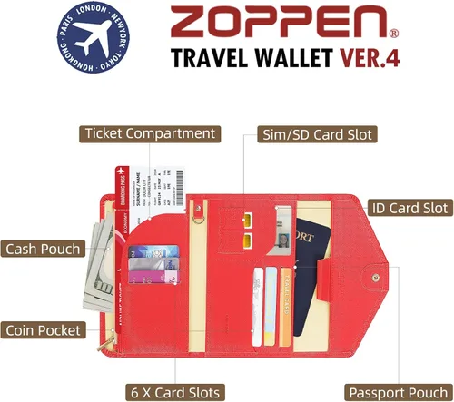 Miniatura 119 de Zoppen - Billetera de viaje con bloqueo RFID multiusos (Ver.4) Portatarjetas de pasaporte y vacunas, organizador de documentos de tres pliegues