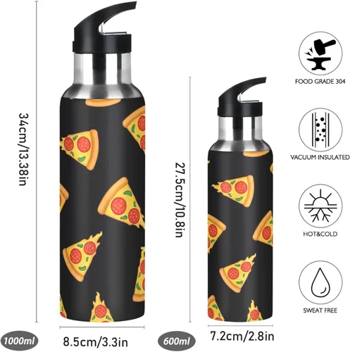 Miniatura 2 de Cartoon Slices Pizza Black Stainless Steel Vacuum Insulated Water Bottle 20 Oz, BPA-Free Sports Water Bottle Leakproof Water Bottles